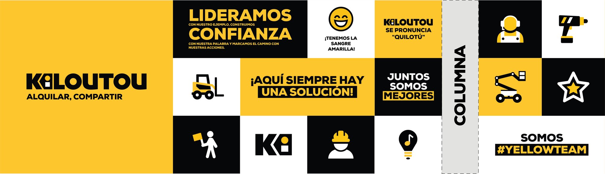 Primer tramo del mural: logotipo, lideramos confianza, aquí siempre hay una solución y pictogramas