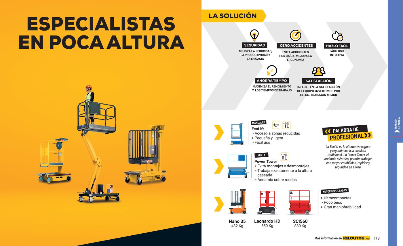Doble página en amarillo: especialistas en poca altura, con la solución para cada trabajo