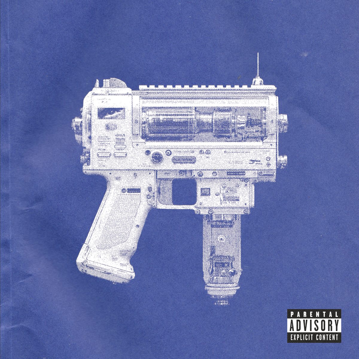 Portada con una pistola futurista dibujada en blanco sobre azul