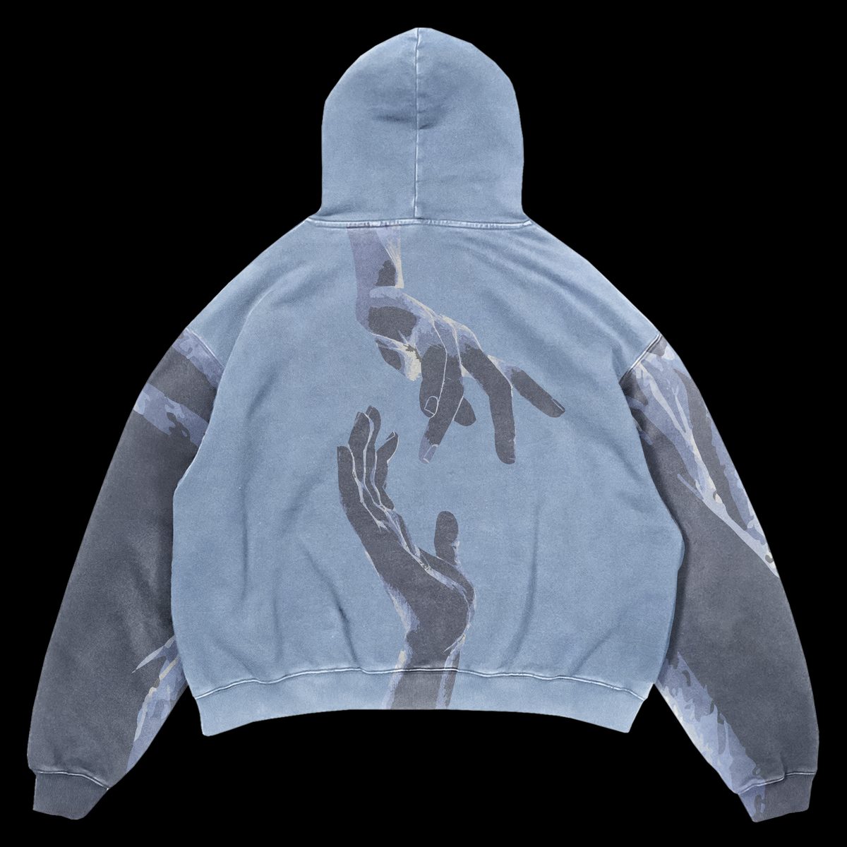 Sudadera azul lavada con dos manos estampadas en la espalda