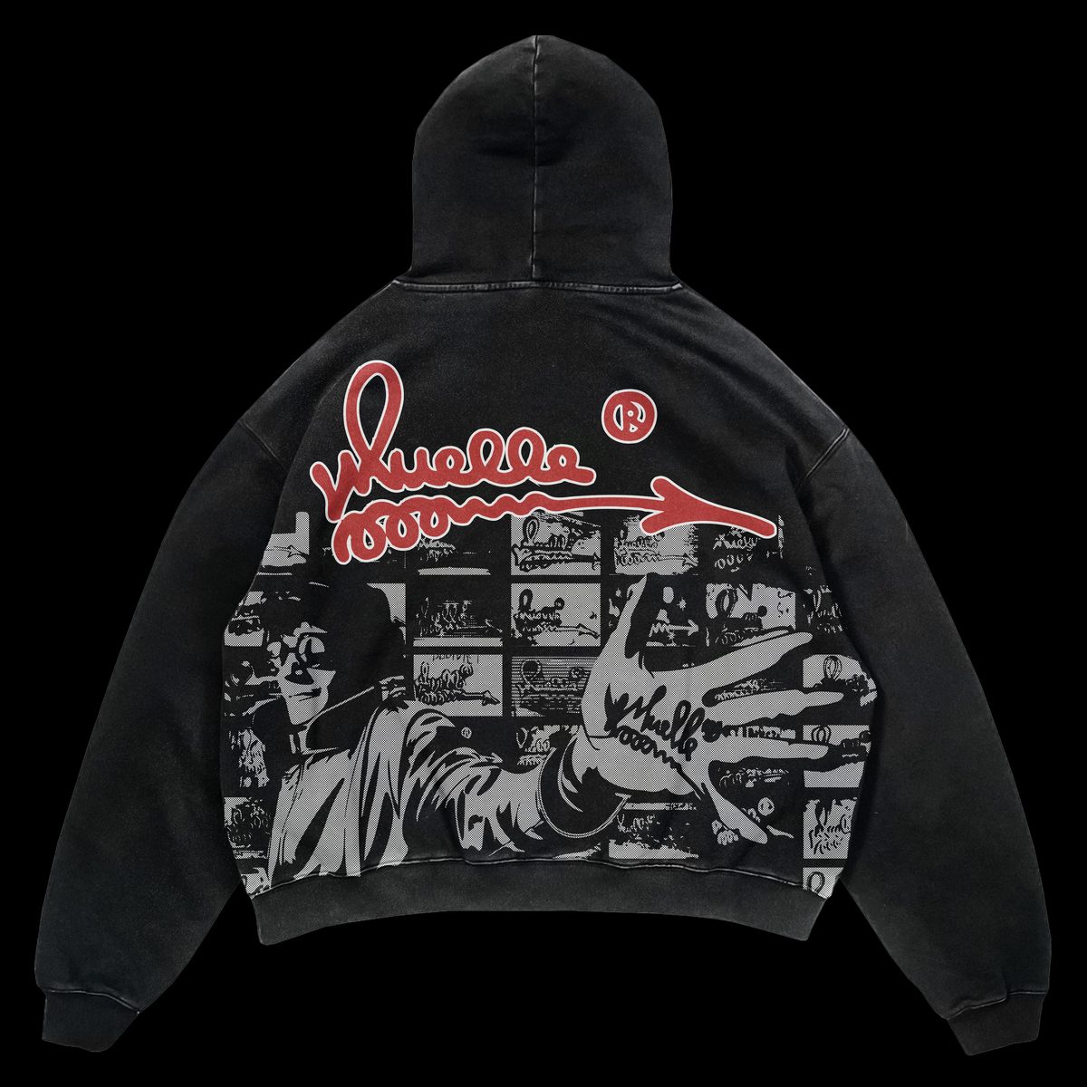 Sudadera negra con parches y gráfica en la espalda
