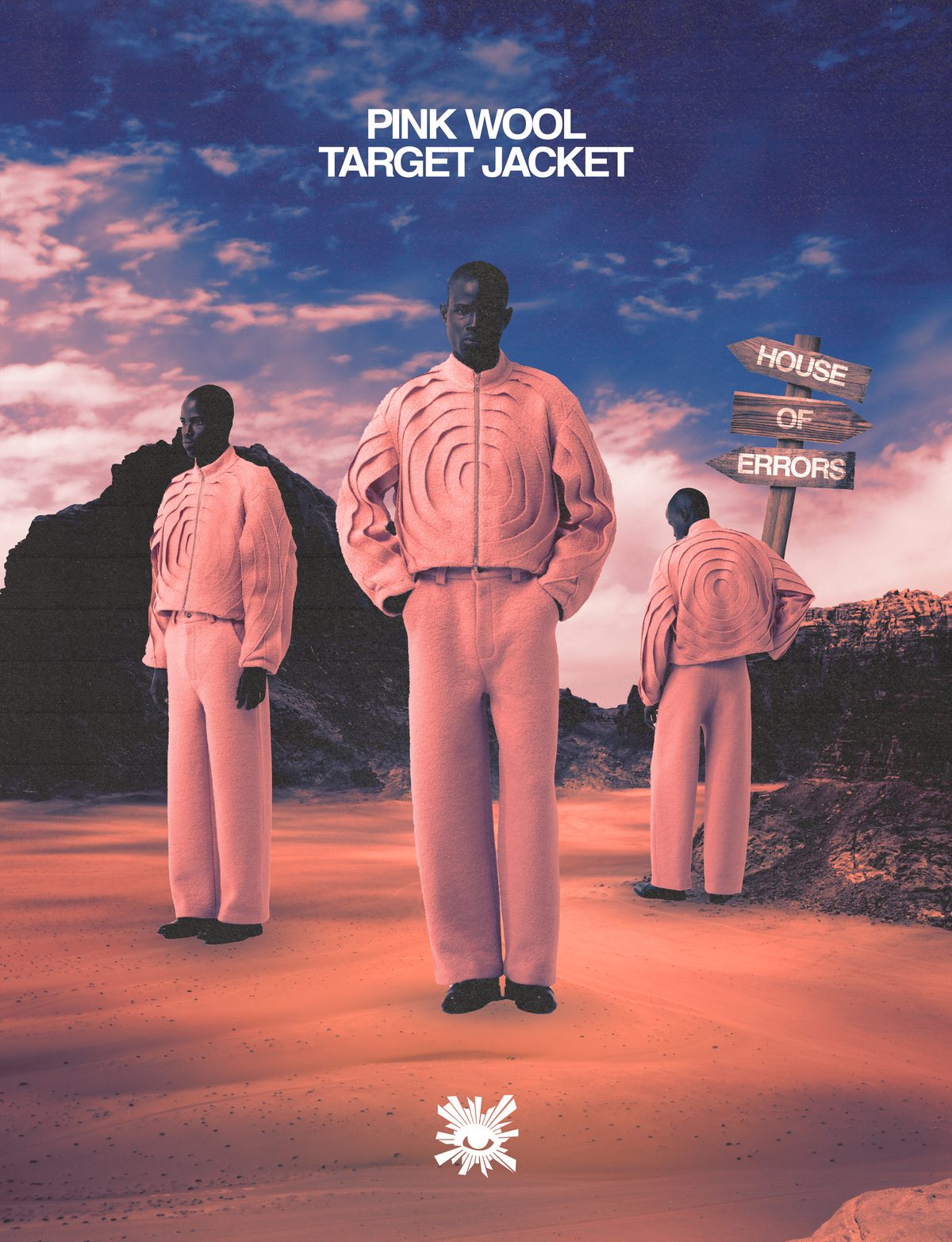 House of Errors: póster con chaqueta rosa en un paisaje desértico