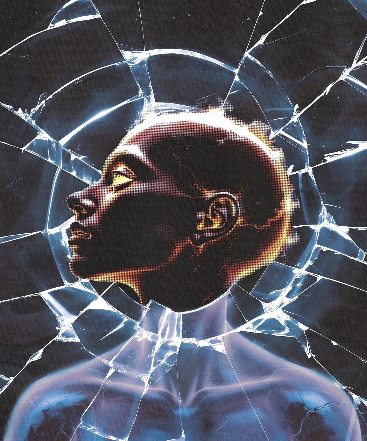 Introspección: rostro tras un cristal roto con luz azul